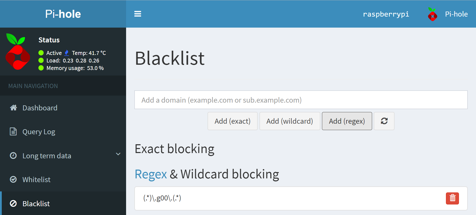 Adding the g00 regex to the Pi-hole admin interface's deny list